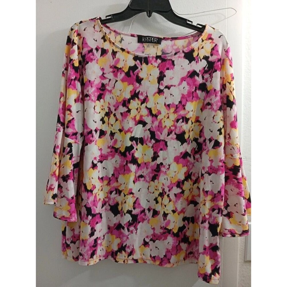 Ladies size XL pink, yellow, black floral blouse by Kasper